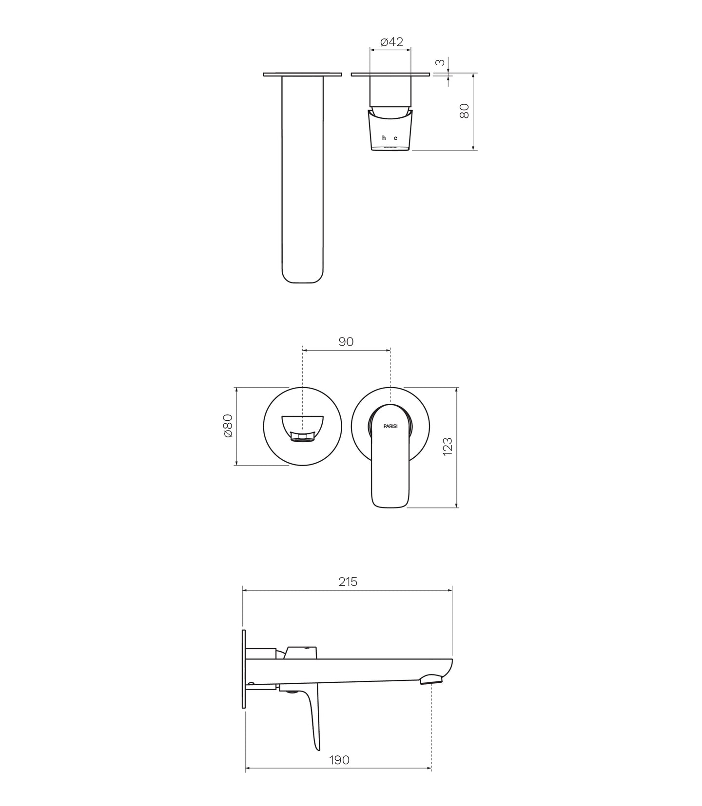 Slim Wall Mixer with 190mm Spout (Individual Flanges)