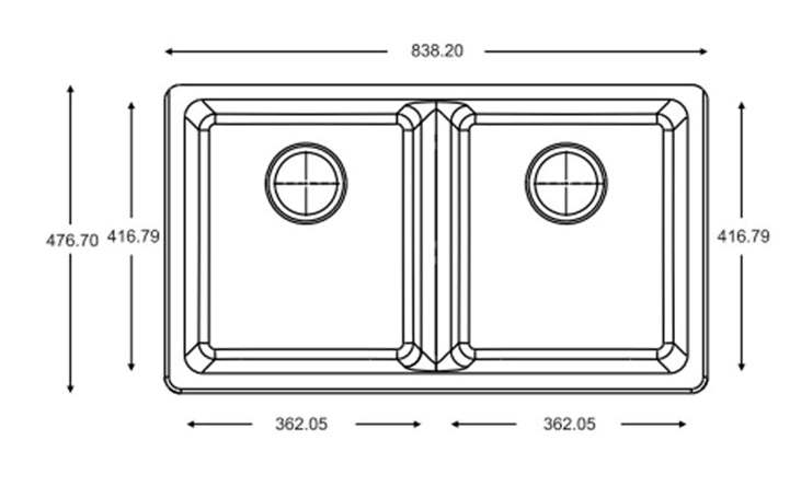 Black Granite Double Undermount 840Mm